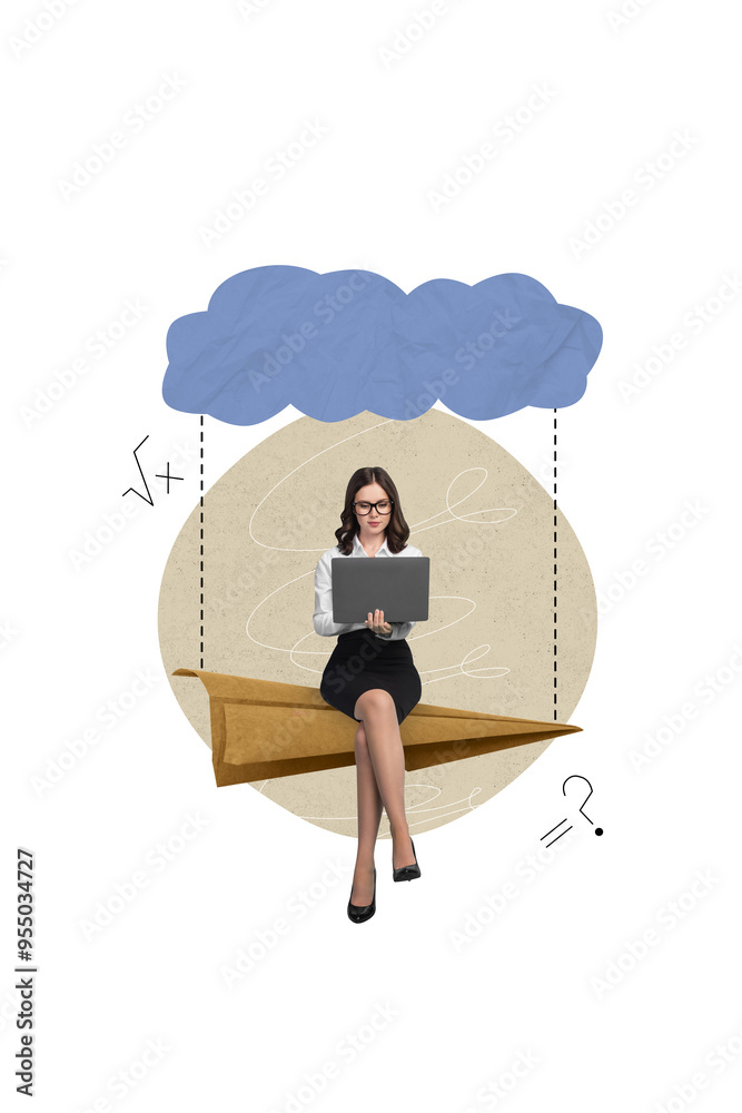 Poster collage image of beautiful clever girl sitting plane calculating equation solving homework isolated 