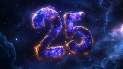 A number "25" designed with a celestial theme, made of shimmering stars and cosmic dust, set against a deep space background with distant galaxies and nebulae.


