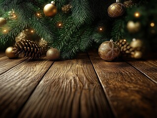 Cozy Christmas Tree Decor with Warm Lights and Pine Cones on Rustic Wood Tabletop, Festive Holiday...