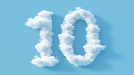White clouds in the thin strokes in the shape of the number "10", against a pure light sky blue background. 