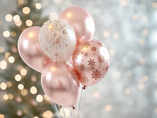 Festive Christmas Ambiance with Pink and Rose Gold Snowflake Balloons, Elegant Bokeh Lights, and a Majestic Pine Tree Creating a Romantic and Aesthetic Night Celebration