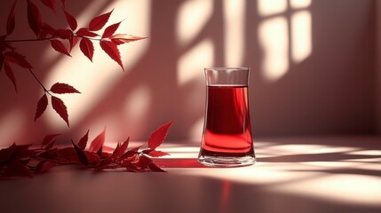 A Glass of Red Liquid with Red Leaves and Sunbeams