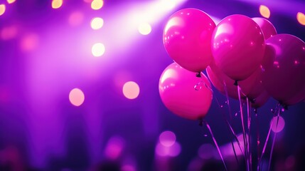 Vibrant Pink Balloons and Spotlights Create a Festive Ambiance for a Birthday or Holiday Celebration. Purple Background Enhances the Joyful Mood at a Concert or Party Event.