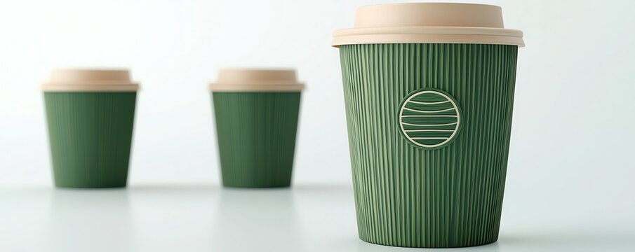 Green coffee brand, reusable bamboo coffee cups with logo, 3D illustration