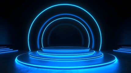 Fototapeta premium Technology blue circle light stage on black background