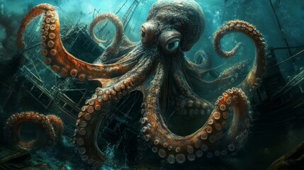 Obraz premium A giant octopus swims among shipwrecks in a deep underwater scene.