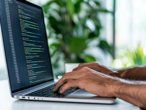 close-up of programmer hands typing code on laptop keyboard in office environment.