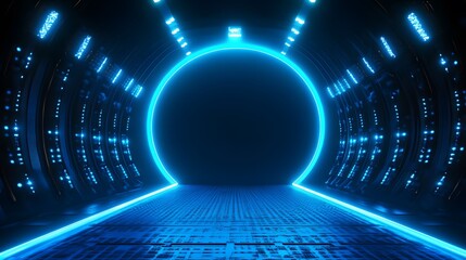 Technology blue circle light stage on black background