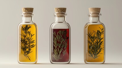 Three glass bottles filled with infused oils and herbs showcase vibrant colors and natural elements, perfect for culinary or decor use.