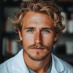 Obraz premium Confident Male Scientist Posed in Vivid Laboratory Setting