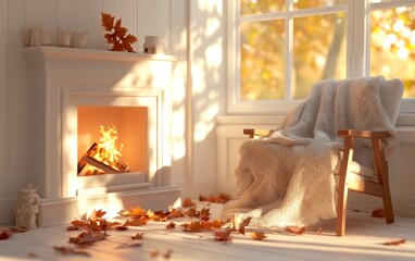 a simple room with a small fireplace burning softly, a few autumn leaves and a warm blanket on a nearby chair