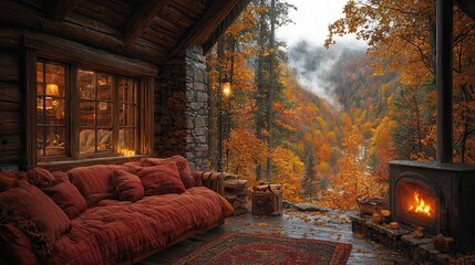 Cozy Autumn Evening in Rustic Cabin with Fireplace, Rain, and Warm Atmosphere