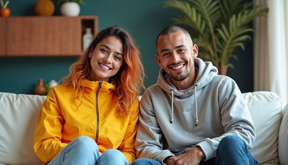 Fototapeta premium Indian family, brother and sister sitting on the sofa together. Sibling relationship concept