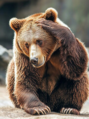 Fototapeta premium A brown bear is sitting on a rock and looking at the camera