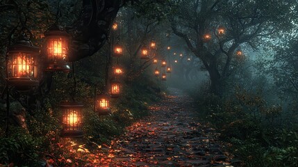 Serene Forest Walkway at Twilight with Lantern Light, Fallen Leaves, and Misty Atmosphere