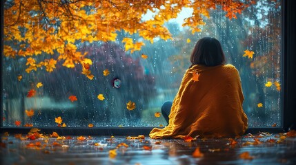 Obraz premium Cozy Autumn Day: Person Wrapped in Blanket Watching Rain and Leaves Dance By Window