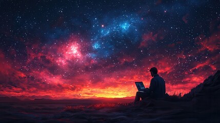 Digitally Connected in the Desert: Remote Worker Typing on Laptop under Starry Night Sky