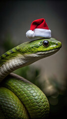 Fototapeta premium green snake in a christmas hat