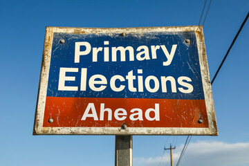 Obraz premium Primary Elections Ahead Caution Sign. Blue Sky Background.