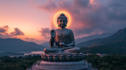 Fototapeta premium Majestic Buddha Statue Illuminated by a Glowing Halo