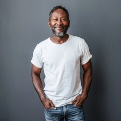 Portrait of a Smiling Middle-Aged Black Man Wearing a White T-Shirt and Jeans