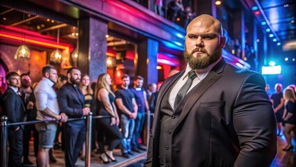 A Burly Bouncer Stands Guard At The Entrance Of A Bustling Nightclub, Keeping A Watchful Eye Over The Patrons.
