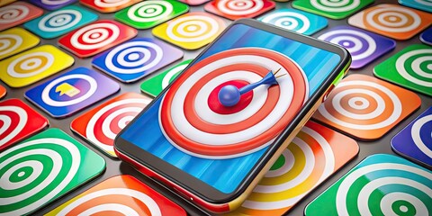 A bullseye icon on a smartphone screen surrounded by various colorful social media logos, highlighting the importance of targeting online audiences.