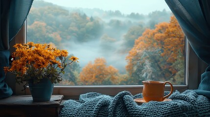 Tranquil Autumn Retreat: Cozy Nook with Tea, Blanket, and Foggy Landscape View