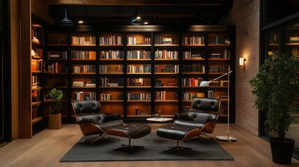 Obraz premium Elegant home library , Recycled materials bookshelves , Energy-efficient lighting