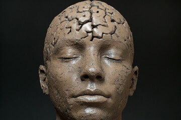 Obraz premium Interpersonal connectivity Cognitive development Abstract sculpture of head with puzzle pieces falling away symbolizing fragmentation of thoughts and search for self in minimalist gray toned design