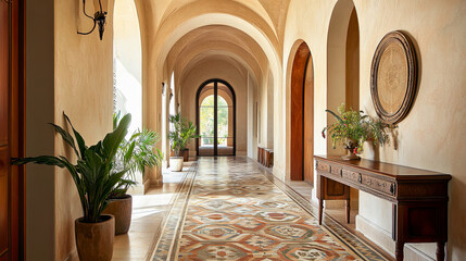 Contemporary Mediterranean hallway with arched walls, a mosaic-tiled floor, and a console table with vintage decor