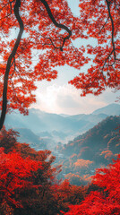 A Breathtaking Panorama: Vibrant Red Maple Leaves Frame a Misty Mountain Landscape, Capturing the Essence of Autumn in Japan.