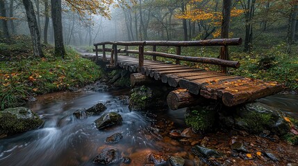 Enchanting Wooden Bridge Over Misty Stream in Autumn Forest