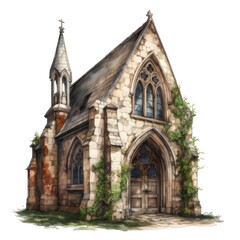 Obraz premium An Overgrown Stone Chapel with a Pointed Spire and Double Doors