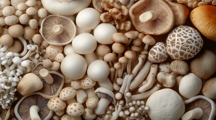 Obraz premium Assortment of diverse mushrooms in top-down view, highlighting textures, earthy tones, and natural beauty