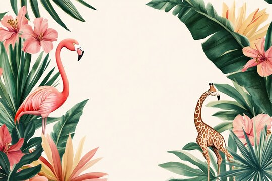 Lush tropical border with monkey, flamingo, bird, and giraffe, watercolor style, soft pastel colors