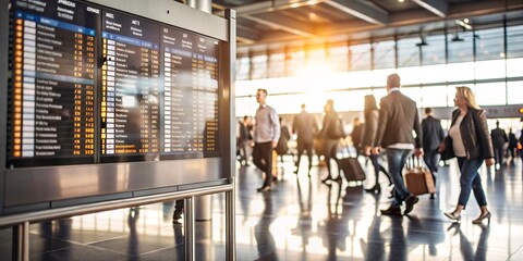 Airport Departure Board with Busy Travelers. A modern airport terminal with a departure board displaying flight information and a crowd of travelers in motion.