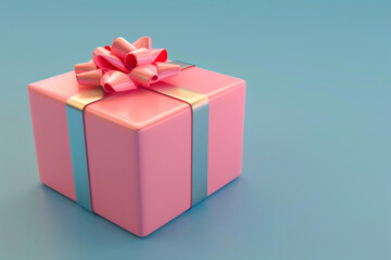 Obraz premium Pink gift box with a ribbon bow on a blue background, ready for celebration and special occasions.
