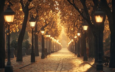 a quiet street lined with vintage street lamps glowing softly during an early autumn evening, surrounded by trees with golden leaves