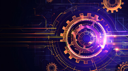 A colorful image of gears and lines with a purple background