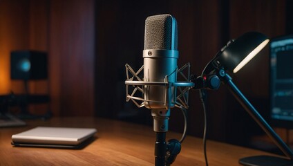 Professional podcast setup with studio mic and warm ambient lighting.