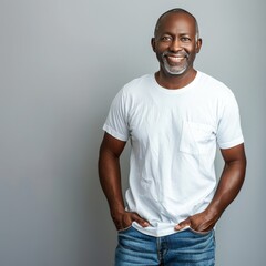 Fototapeta premium Portrait of a Smiling Middle-Aged Black Man Wearing a White T-Shirt and Jeans