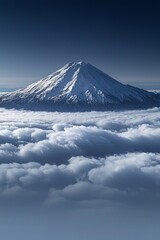 A distant snow-capped volcano rising above the clouds