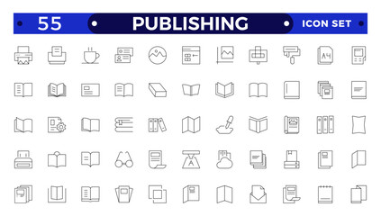 Publishing Outline icon. Flyer Brochure line icon set. letterhead, booklet, leaflet, corporate catalog, envelope.