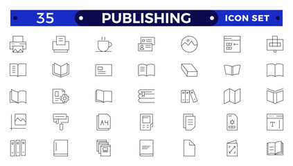 Publishing Outline icon. Flyer Brochure line icon set. letterhead, booklet, leaflet, corporate catalog, envelope.