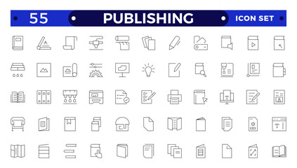 Publishing Outline icon. Flyer Brochure line icon set. letterhead, booklet, leaflet, corporate catalog, envelope.