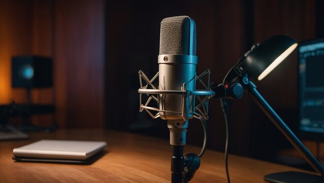 Professional podcast setup with studio mic and warm ambient lighting.