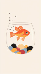 A solitary goldfish swims gracefully in its round bowl, surrounded by colorful pebbles, creating a serene and peaceful scene.