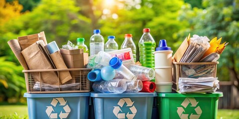 A colorful assortment of recyclable materials, including plastic bottles, cardboard boxes, and newspaper, sorted and organized in a tidy recycling bin.