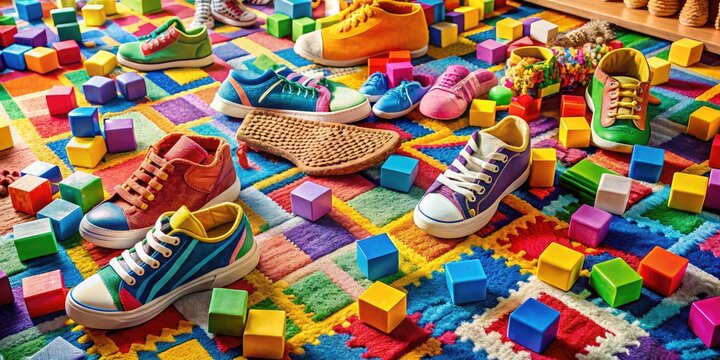 A colorful arrangement of scattered children's shoes, toys, and blocks on a vibrant rug, conveying a sense of playful chaos and joyful childhood creativity.